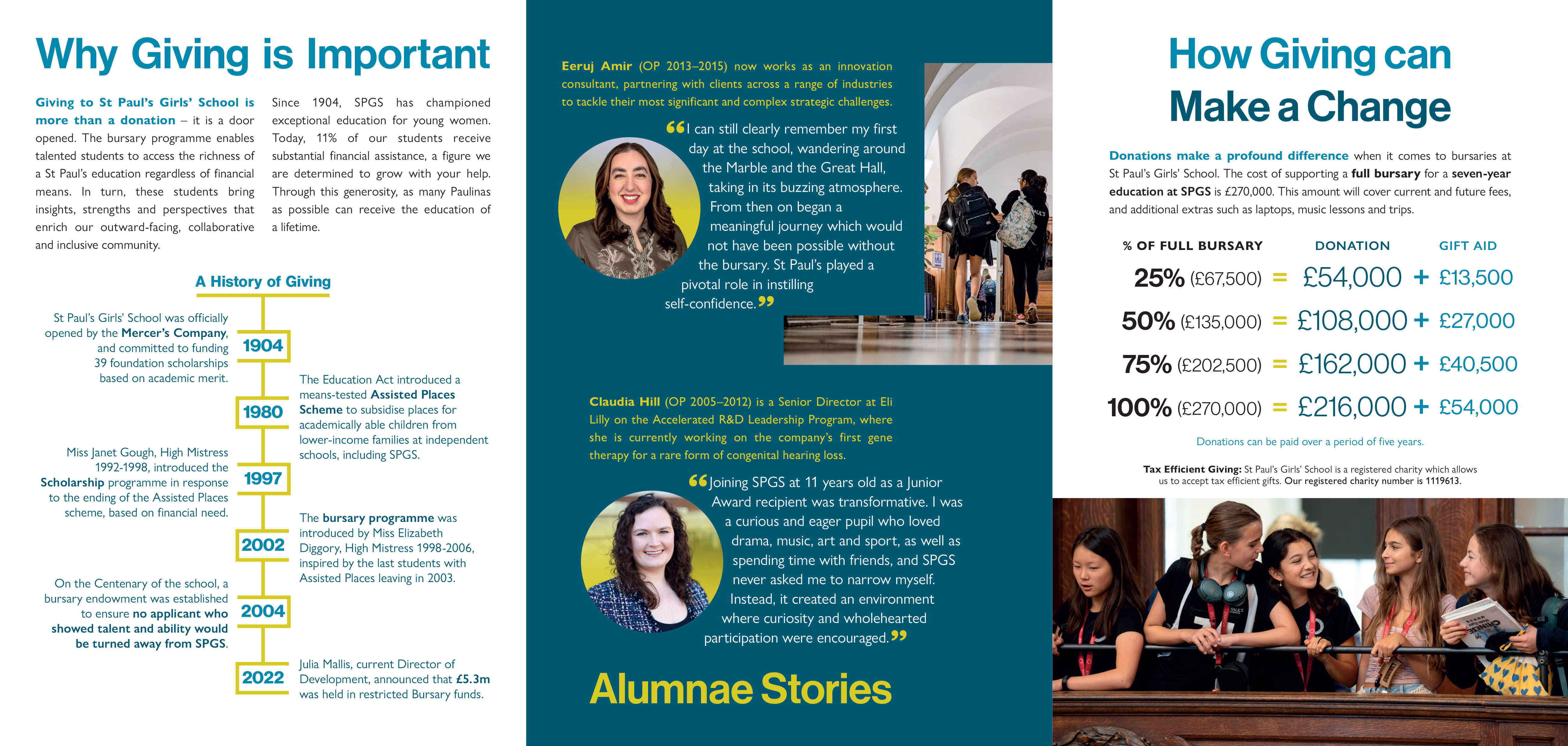 Donor brochure with timeline, quotes from bursary recipients and donor figures